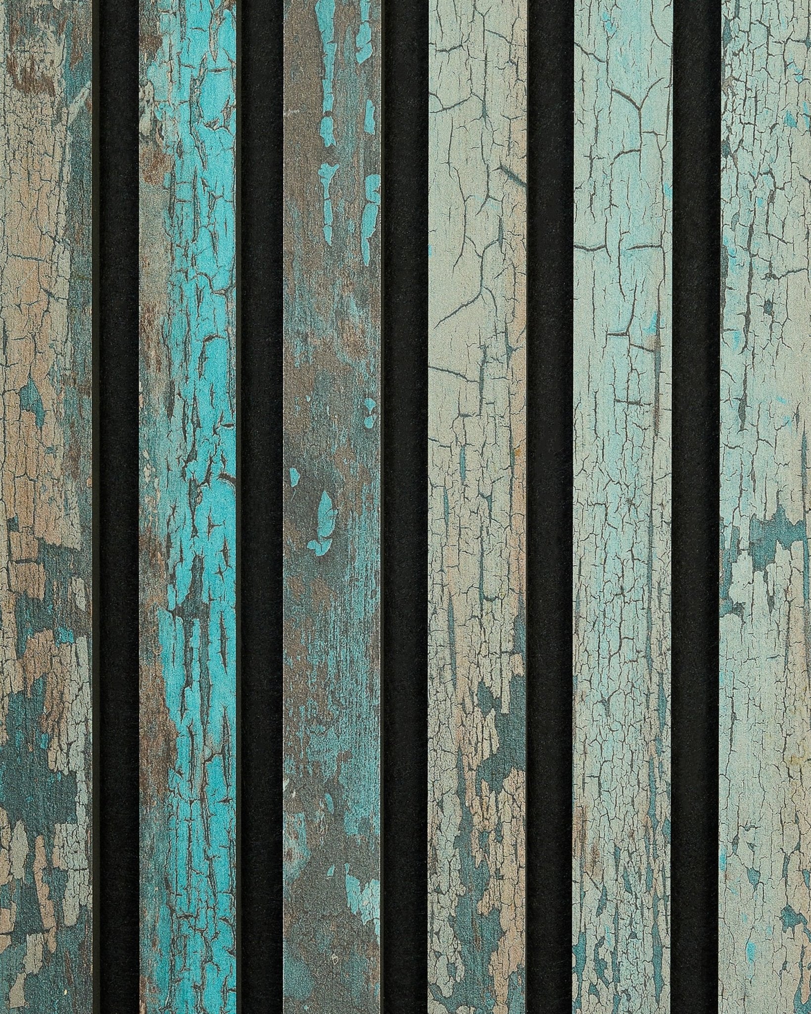 WoodUpp Rebel | Sample / Blue Oxide Akupanel mit verwitterten Holzlamellen, blau-grünen Tönen, sichtbaren Rissen und dunklen vertical-Zwischenräumen für einen rustikalen nordischen Look.