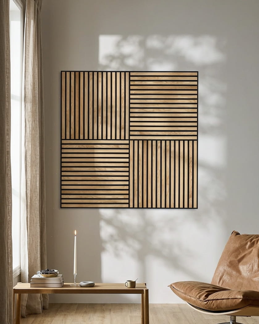 Modernes Wohnzimmer mit einem Ledersessel, einer brennenden Kerze und WoodUpp Akupixel Akustikpaneel in Rustic Natural Oak, das geometrische Schatten an die Wand wirft.