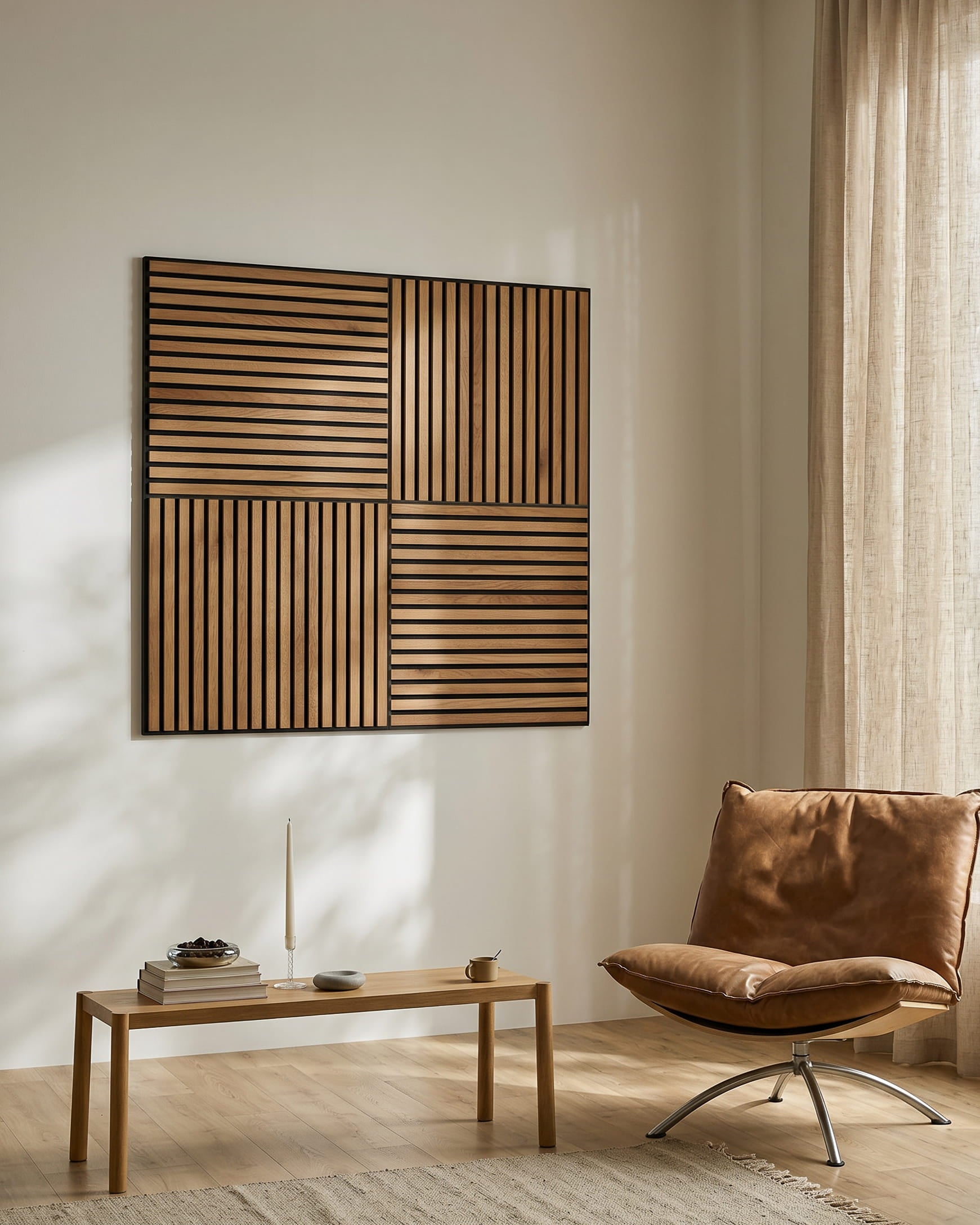 Minimalistisches Wohnzimmer mit einem brown Loungesessel, einem Holzcouchtisch und WoodUpp Akupixel Rustic Brown Oak Akustikpaneel an der Wand, im natürlichen Licht.