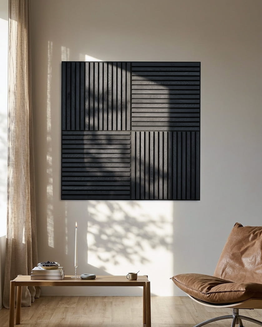 WoodUpp Akupixel Akustikpaneel, 60x60 cm, verfügt über black Eschenholzlamellen auf Filzrücken; minimalistisches skandinavisches Design, passend für moderne Interiors.