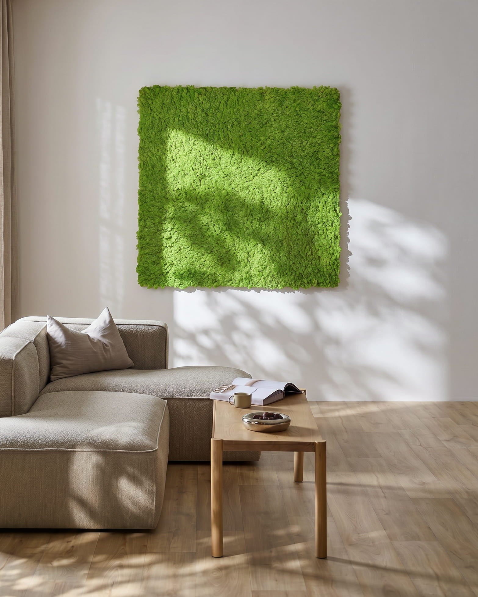Modernes Wohnzimmer mit einem beige Sofa und WoodUpp Akupixel Akustikpaneel in Moss / Apple Green, 60x60 cm, an der Wand montiert. Das Sonnenlicht wirft in der Nähe Schatten.