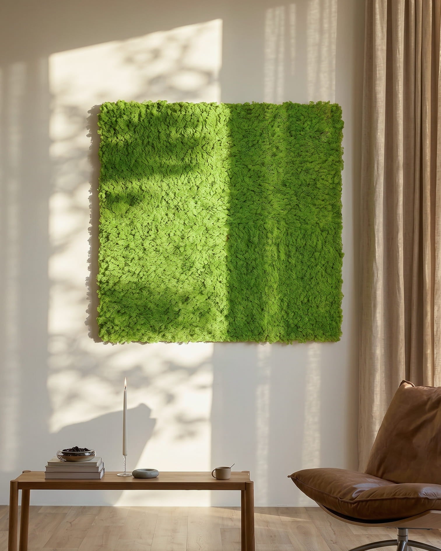 Akupixel Akustikpaneel in Moss / Apple Green, 60 x 60 cm von WoodUpp, an einer sonnigen Wand über einem small Tisch und beige Vorhängen montiert.