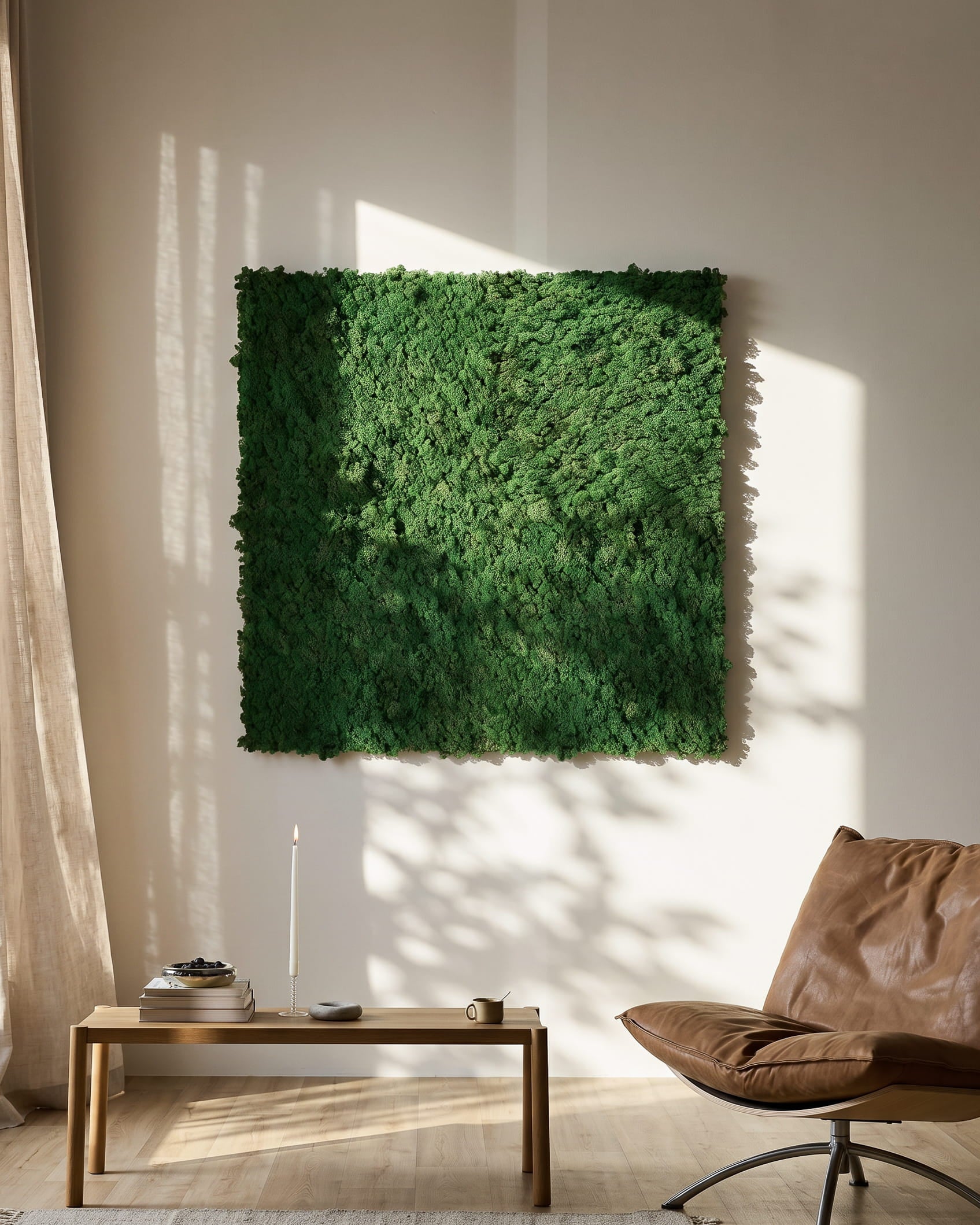 WoodUpp Akupixel Moss Green Akustikpaneel (60x60 cm), montiert an einer beige Wand über einem minimalistischen Tisch und einem brown Lederstuhl.