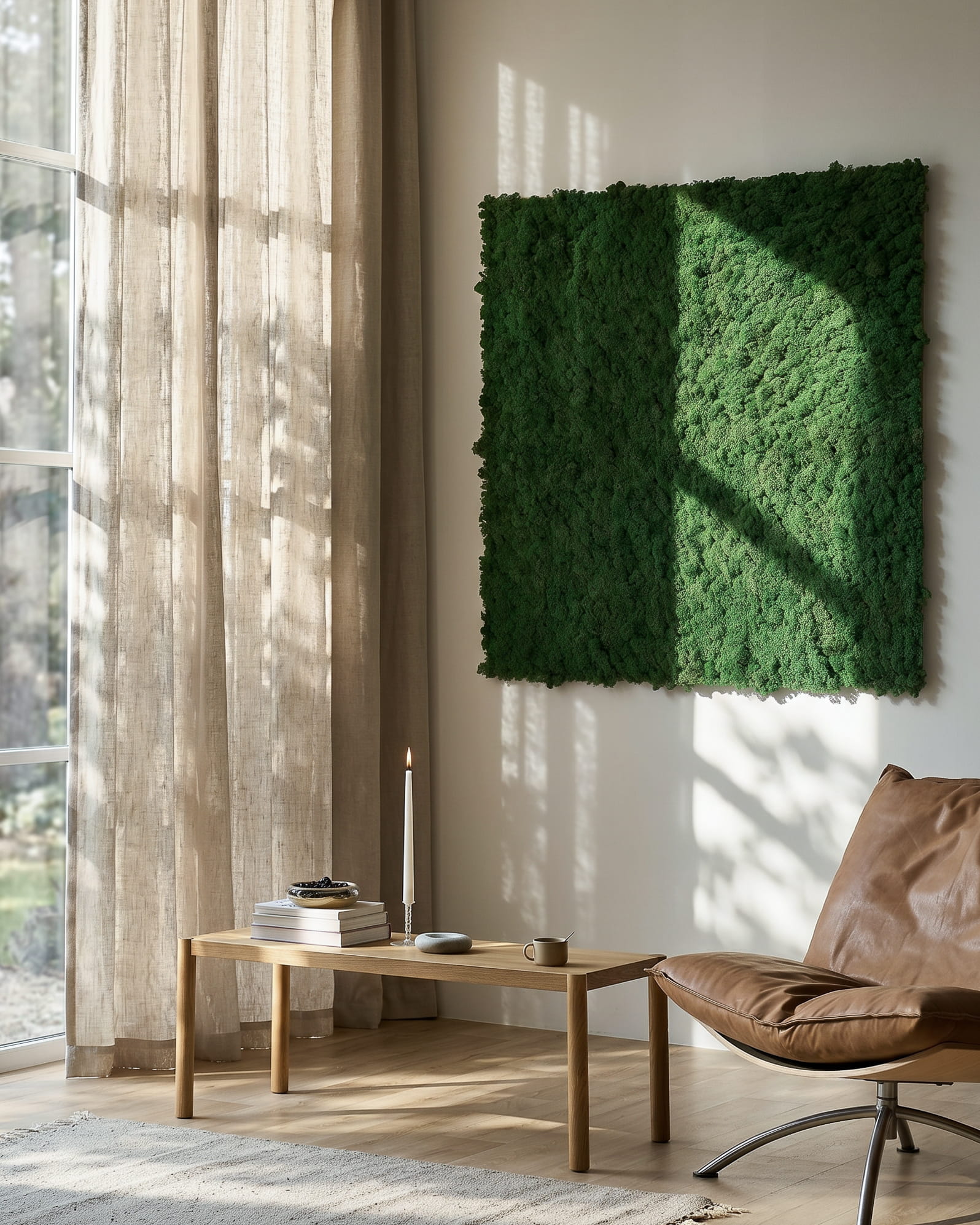 Akupixel Moss Green Akustikpaneele von WoodUpp, 60x60 cm, bringen ein modernes, natürliches Element in Innenräume; Teil der Nordic-Kollektion der dänischen Marke.