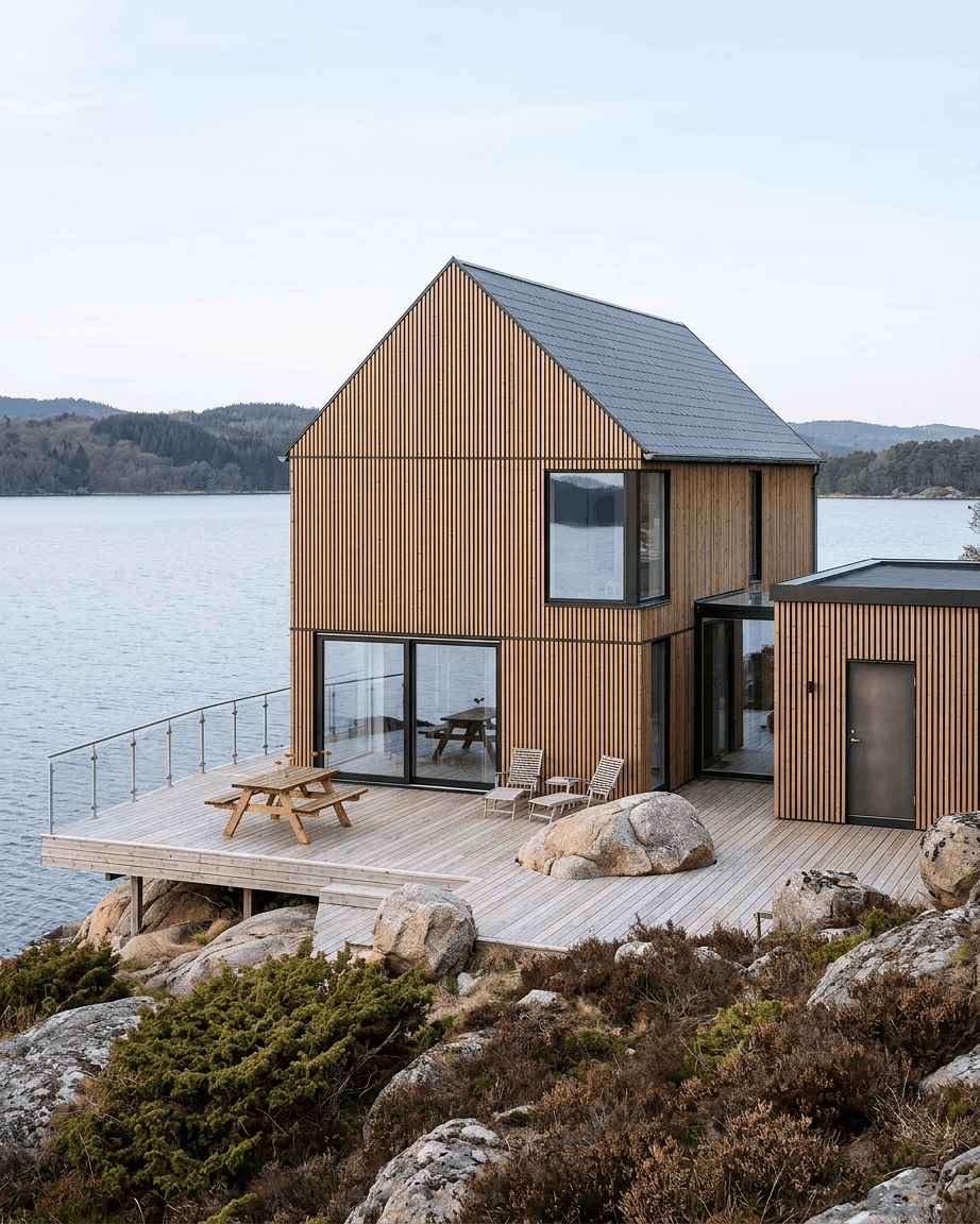 Modernes Haus mit WoodUpp Aluwood Fassadenpaneelen in Thermowood Brown, mit einer nordischen Kiefernoberfläche auf einer felsigen Terrasse am See, umgeben von Natur.