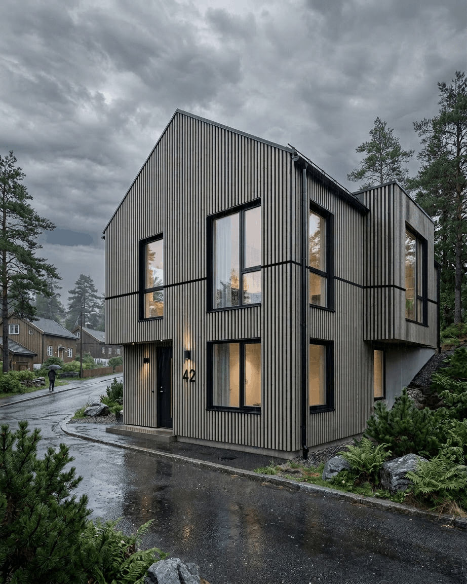 Modernes zweistöckiges Haus mit large Fenstern, ausgestattet mit WoodUpp Aluwood Thermowood Grey Fassadenpaneelen, an einem regnerischen Tag, umgeben von Bäumen und Grün.