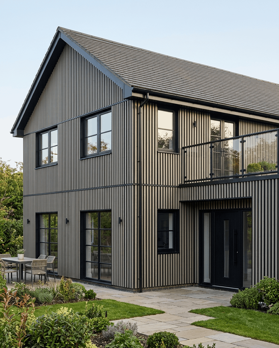 Modernes zweistöckiges Haus mit grauen WoodUpp Aluwood Thermowood-Fassadenpaneelen, schwarzen Zierleisten, großen Fenstern, Balkon, Garten und Terrassenmöbeln.