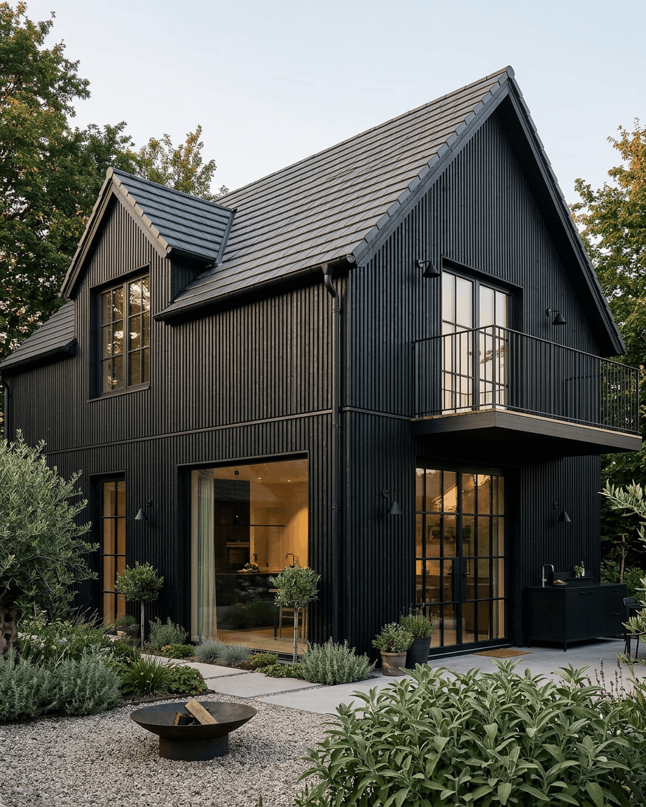 Schwarzes Haus mit WoodUpp Aluwood Thermowood-Fassadenplatten, großen Fenstern, Balkon, Außenküche, gepflegtem Garten, Bäumen und einer Feuerstelle im Vorgarten.