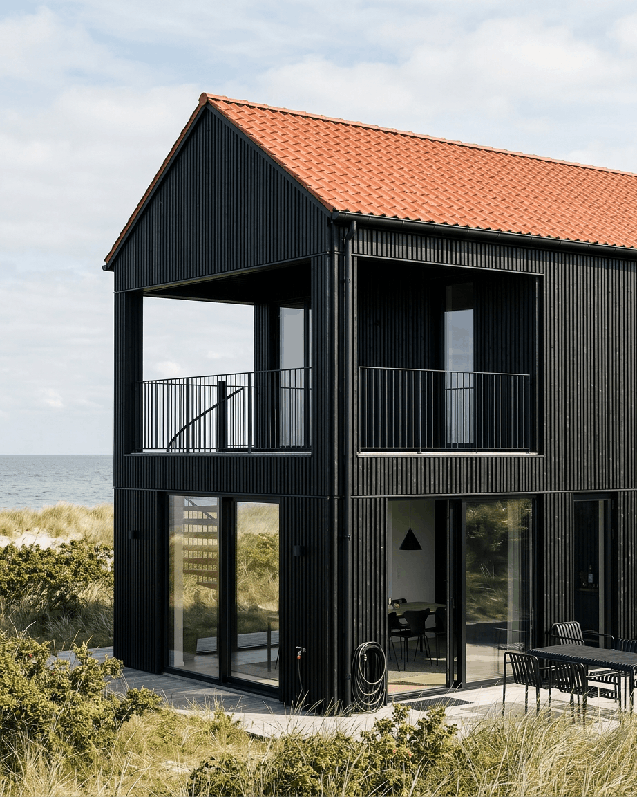 Modernes Haus mit großen Fenstern, rotem Dach und Fassadenpaneelen von WoodUpp Aluwood Thermowood Black (240 x 45,1 cm), in der Nähe der Stranddünen und mit dem Meer im Hintergrund.