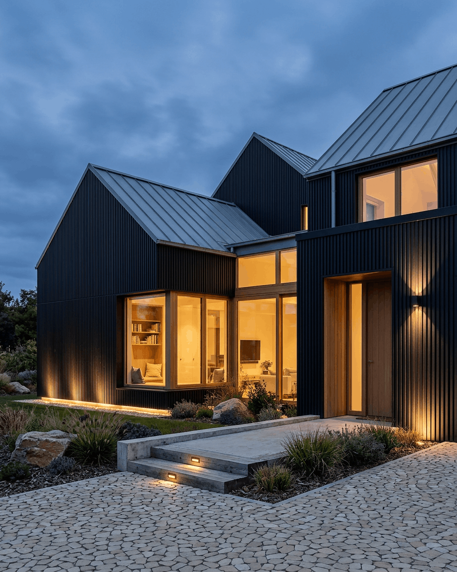 Modernes Haus mit Fassadenpaneelen aus schwarzem Recycling-Aluminium von WoodUpp Aluwood, großen Fenstern, einem warmen Interieur im Dämmerlicht, einem gepflasterten Steinweg und einem angelegten Vorgarten.