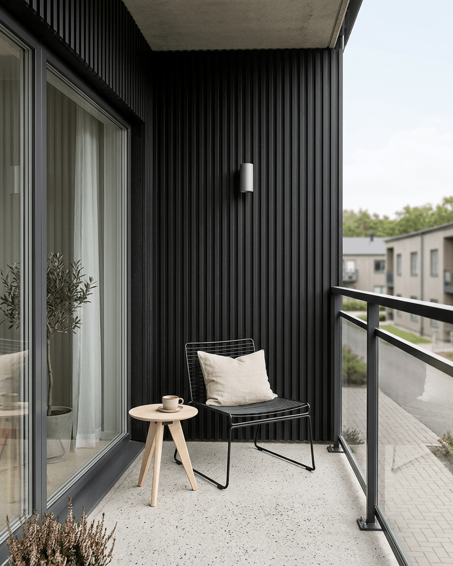Balkon mit einem schwarzen Aluwood-Fassadenpaneel von WoodUpp, Glasgeländer, Drahtstuhl mit Kissen, rundem Tisch mit Tasse und einer Pflanze im Topf.
