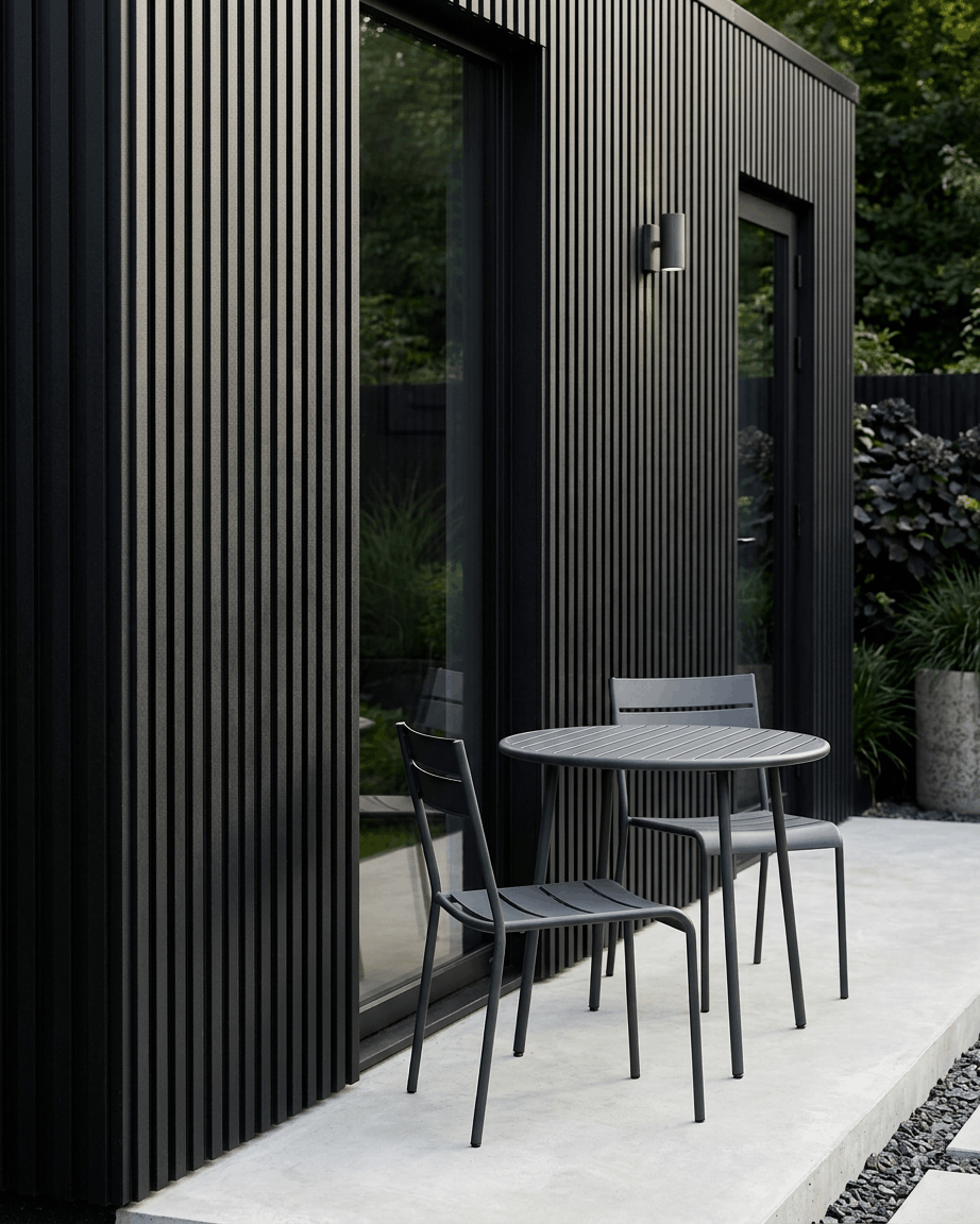 Black Metalltisch und zwei Stühle auf einer Terrasse neben einem Gebäude mit WoodUpp Aluwood Outdoor-Fassadenpaneel, black, Größe 240 x 45,1 cm.