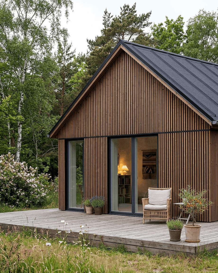 Moderne Hütte mit WoodUpp Aluwood Outdoor-Fassadenpaneelen in geöltem brown Thermowood, large Glastüren, Terrasse, Topfpflanzen und einem Outdoor-Stuhl zwischen Bäumen.