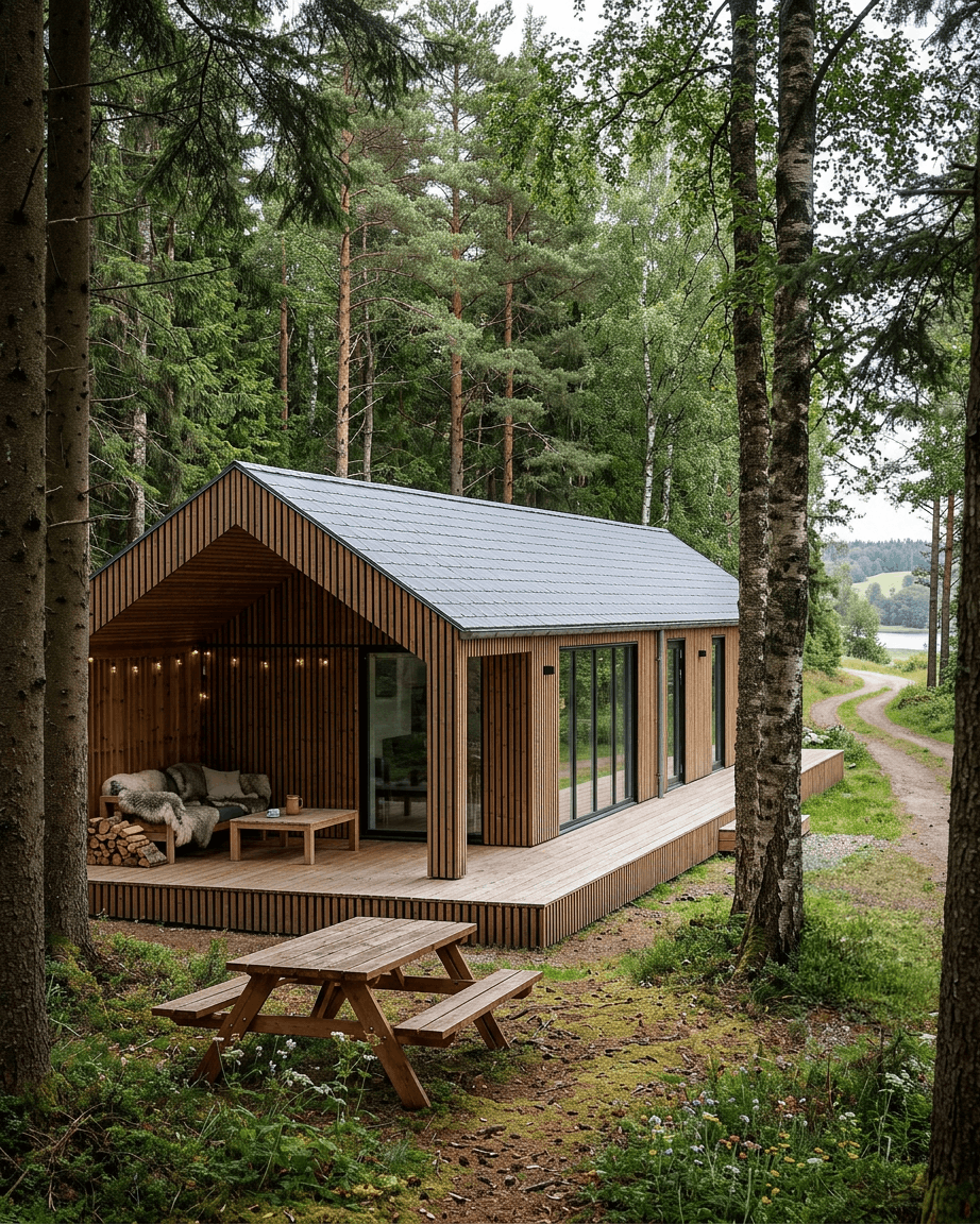 Eine moderne Hütte mit WoodUpp Aluwood Thermowood-Fassadenpaneelen, großen Fenstern mit Blick in den Wald und einem Picknicktisch an einem See.
