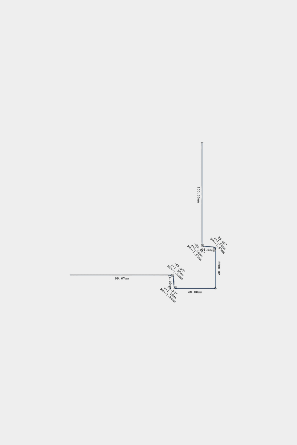 Technische Zeichnung der WoodUpp Aluwood Außenecke 240 cm mit Angaben zu Winkeln und Längen in mm für Ecken von Außenfassadenplatten mit äußerem Aluminium-Eckprofil.