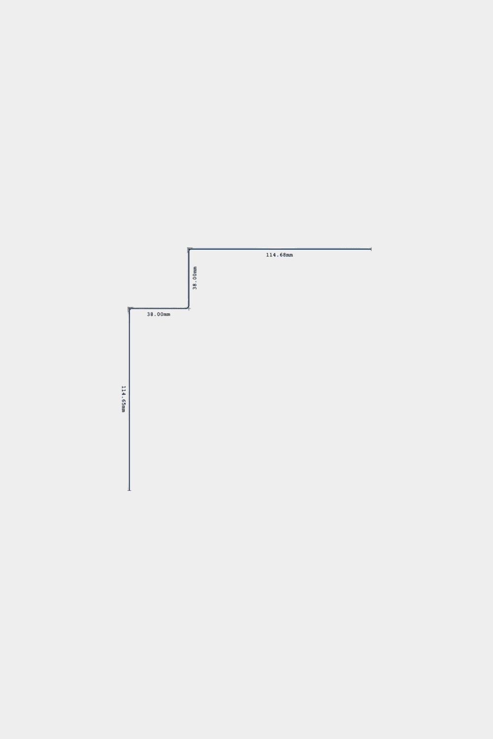 Linienzeichnung des WoodUpp Aluwood Innenwinkel-Montageprodukts, 240 cm, für Fassadenpaneele; Maße 114,45 mm, 74,44 mm, 28,96 mm auf weißem Hintergrund.