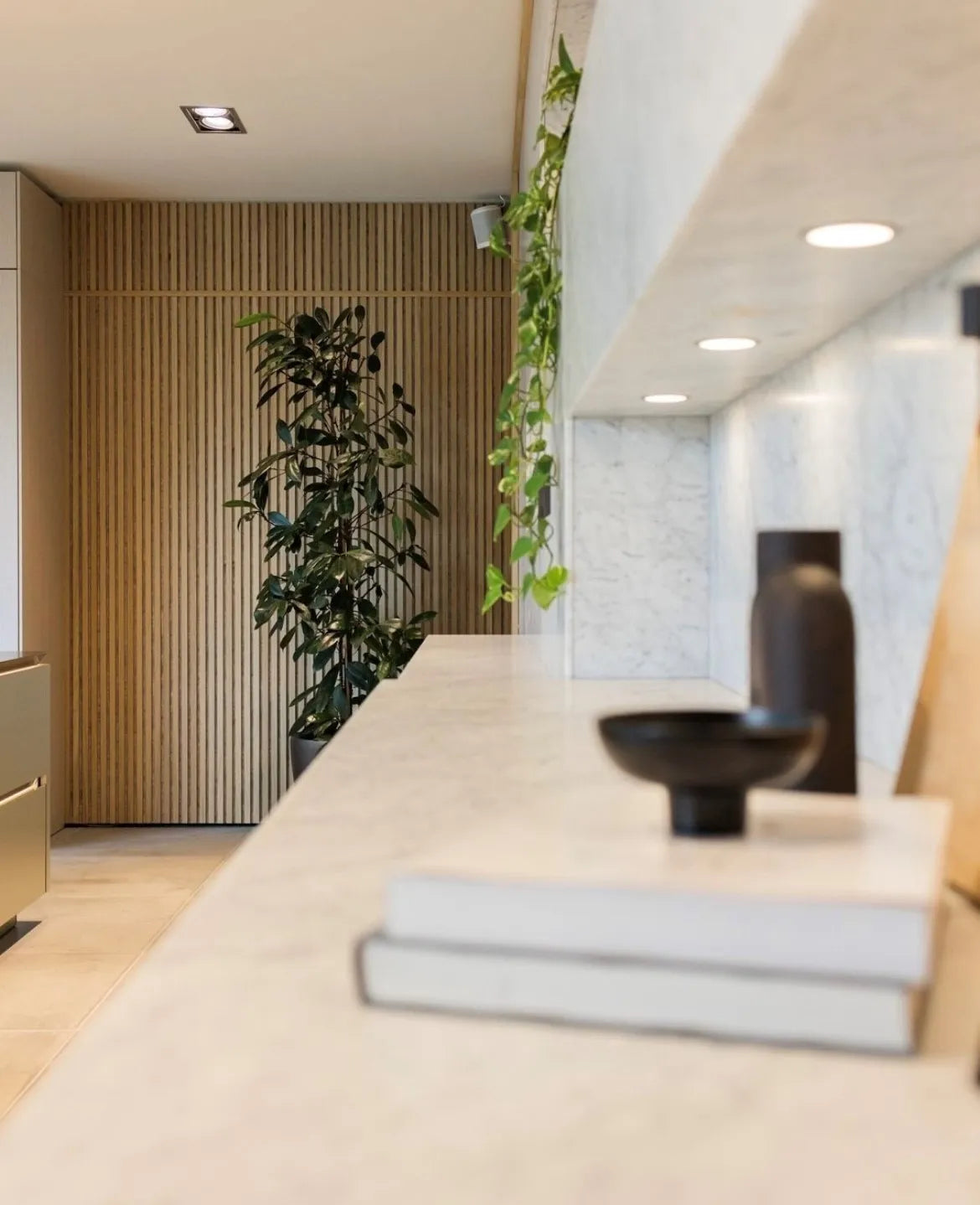 Ein modernes Interieur mit einem Marmorregal, Dekorationsobjekten, Grünpflanzen und einer Wand aus nordischem Akupanel-Akustikholz im Hintergrund.