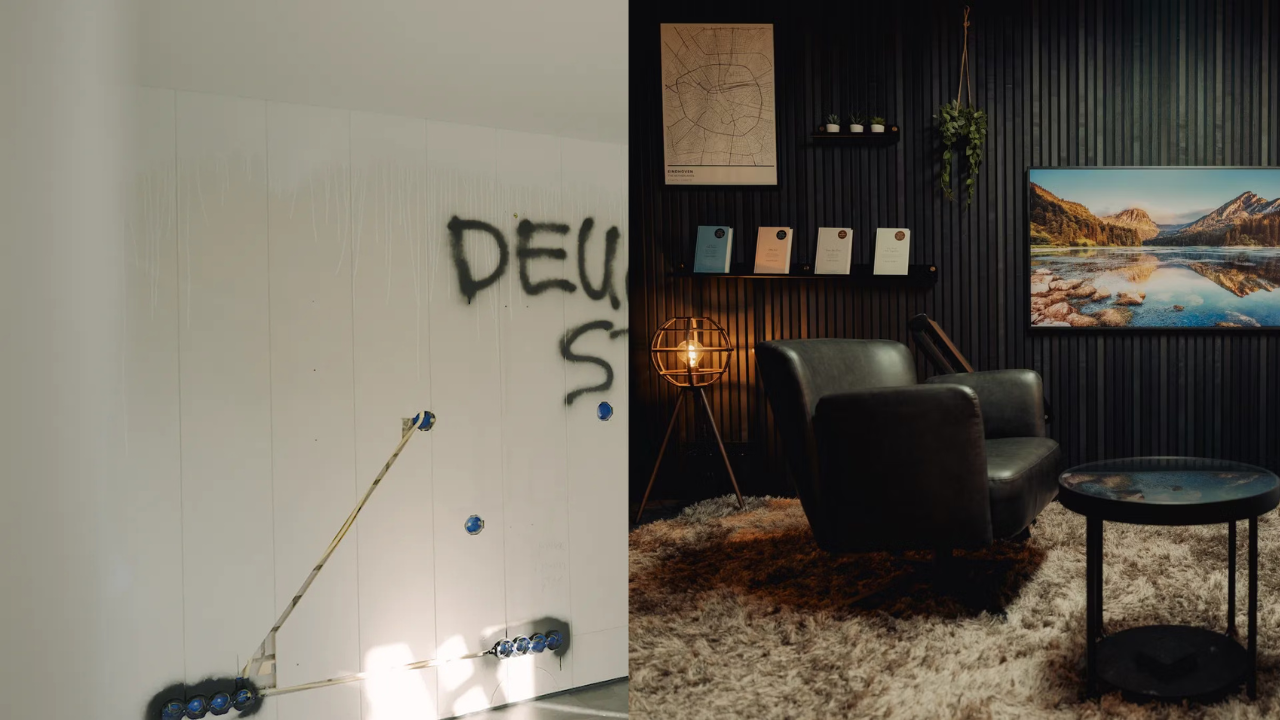 Geteiltes Bild: links eine weiße Wand mit freiliegenden Kabeln und Graffiti; rechts ein modernes Zimmer mit nordischem Dekor und einem einladenden Sessel.