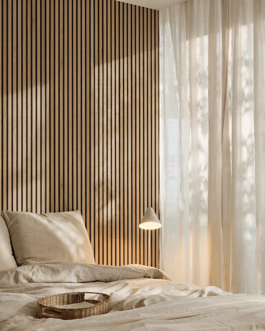 Minimalistisches skandinavisches Schlafzimmer mit beige Bettwäsche, WoodUpp Akupanel Natural Oak Akustik-Lamellenwandpaneel, einem Tablett aus Rattan auf dem Bett und transparenten lichtfilternden Vorhängen.