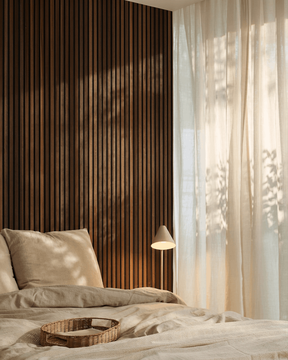 Akupanel | Acoustic Panel / Natural Wood, Smoked Larch, Black Felt, 240 x 60 cm 