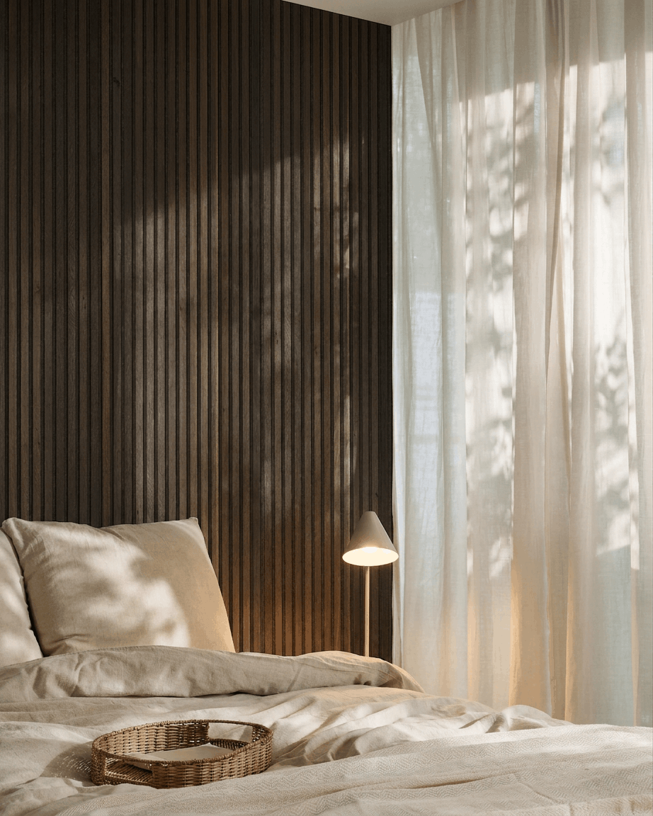 Bett mit beige Bettwäsche neben einem WoodUpp Akupanel in Rustic smoked oak; arrangiert mit einem Tablett aus Korbgeflecht, einer modernen Lampe und lichtdurchlässigen Vorhängen im Sonnenlicht.