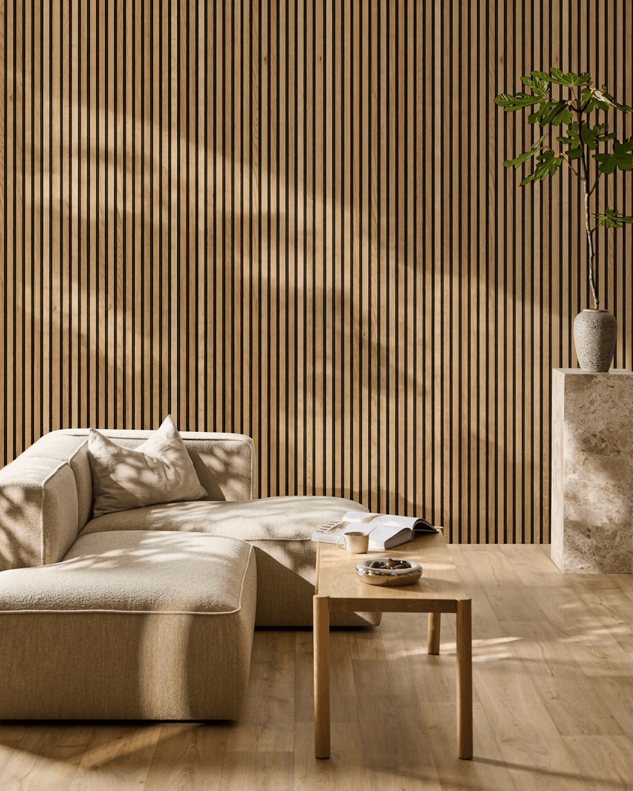 Akupanel | Acoustic Panel / Natural Wood, Rustic Brown Oak, Black Felt, 240 x 60 cm 