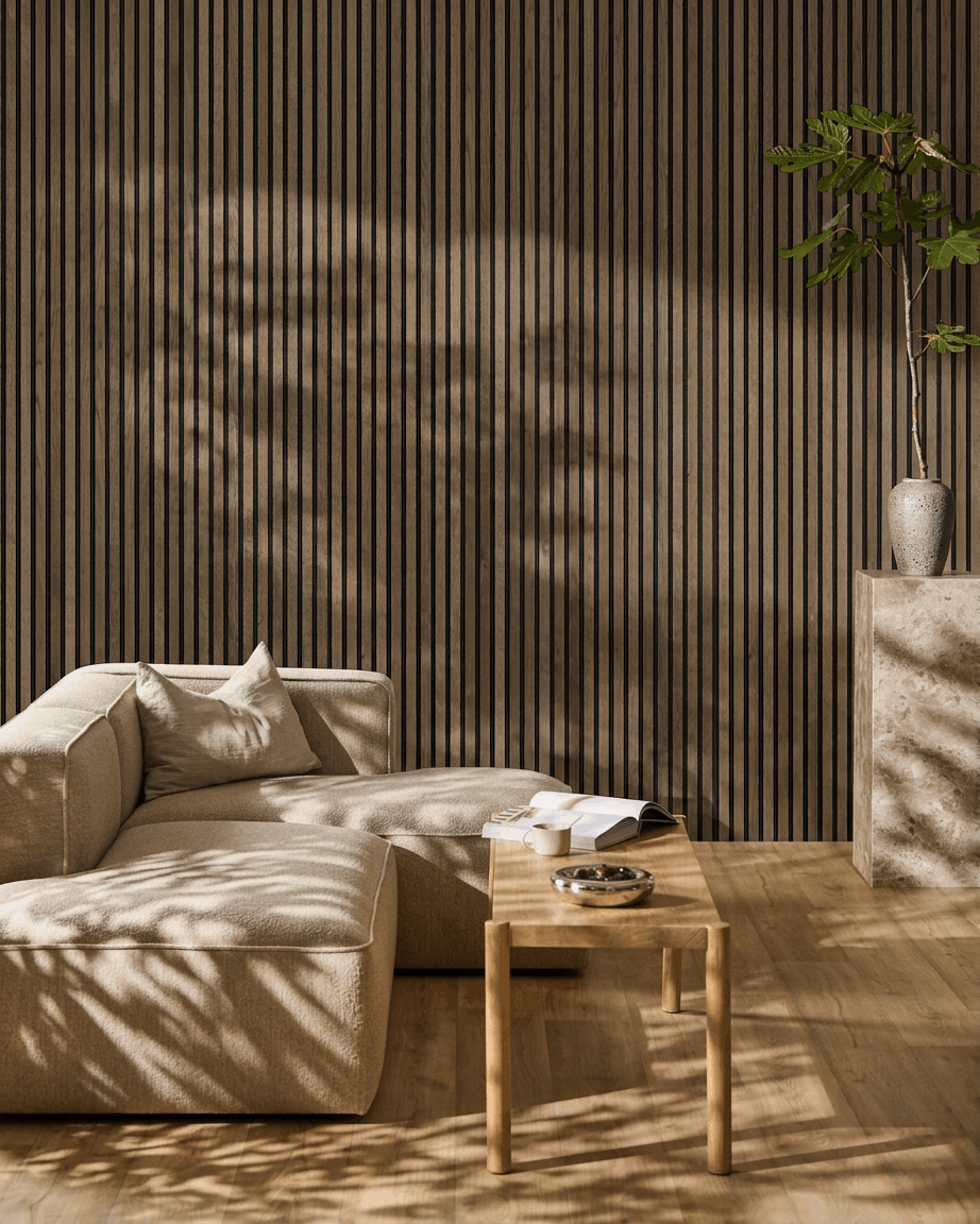 Minimalistisches Wohnzimmer mit beige Sofa, Couchtisch aus Holz und Pflanze; Sonnenlicht betont nordisches Design und WoodUpp Akupanel Akustikpaneel in Rustic Grey Oak.