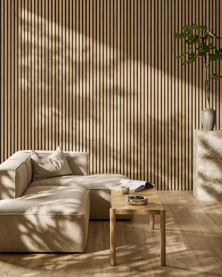 Minimalistisches Wohnzimmer mit einem beige Sofa, einem Holztisch, einer Pflanze und einem WoodUpp Akupanel Rustic Natural Oak Akustikpaneel, das von weichem Sonnenlicht beleuchtet wird.
