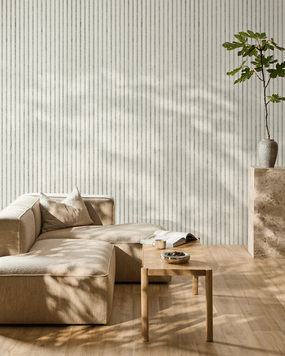 Minimalistisches Wohnzimmer mit einer beigen Sitzgruppe, einem Holztisch und einer Pflanze neben einer WoodUpp Akupanel Snow-Akustikplatte, die von sanftem Sonnenlicht beleuchtet wird.