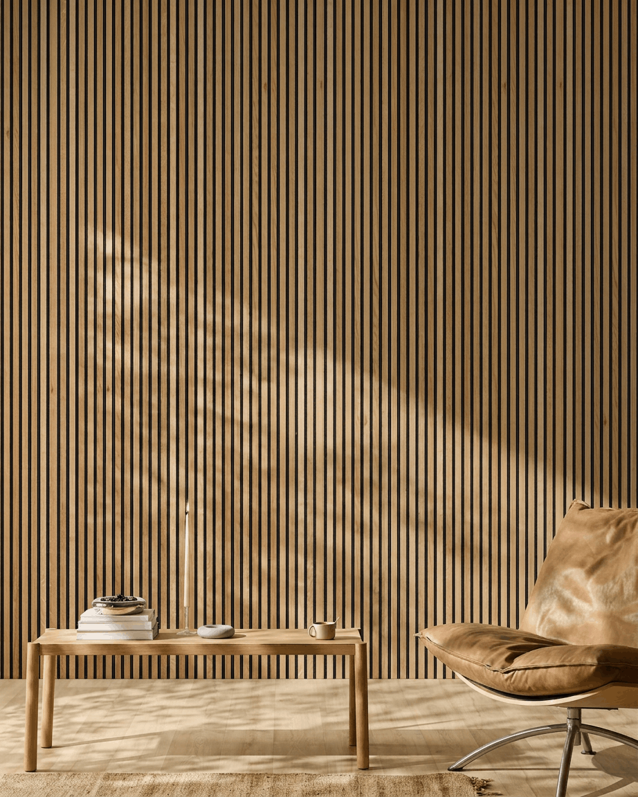 Minimalistischer Raum mit einem hellbraunen Ledersessel, einem niedrigen Holztisch und einem WoodUpp Akupanel Akustik-Holzlamellenpaneel in Rustic Brown Oak, beleuchtet von Sonnenlicht.