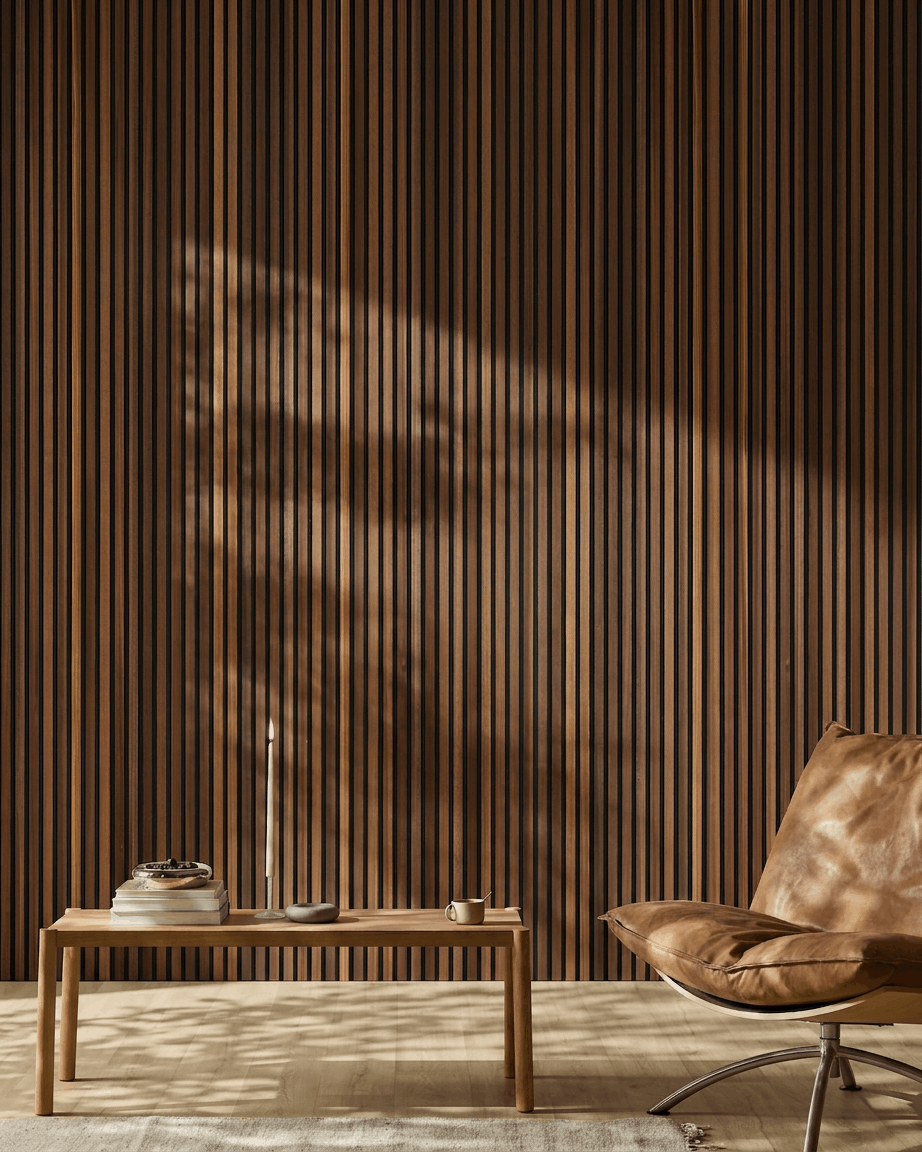 Skandinavisches Interieur mit einem WoodUpp Akupanel Akustikpaneel in Räucherlärche, einem brown Lederstuhl, einem Holztisch und Sonnenlicht, das auf den Boden fällt.