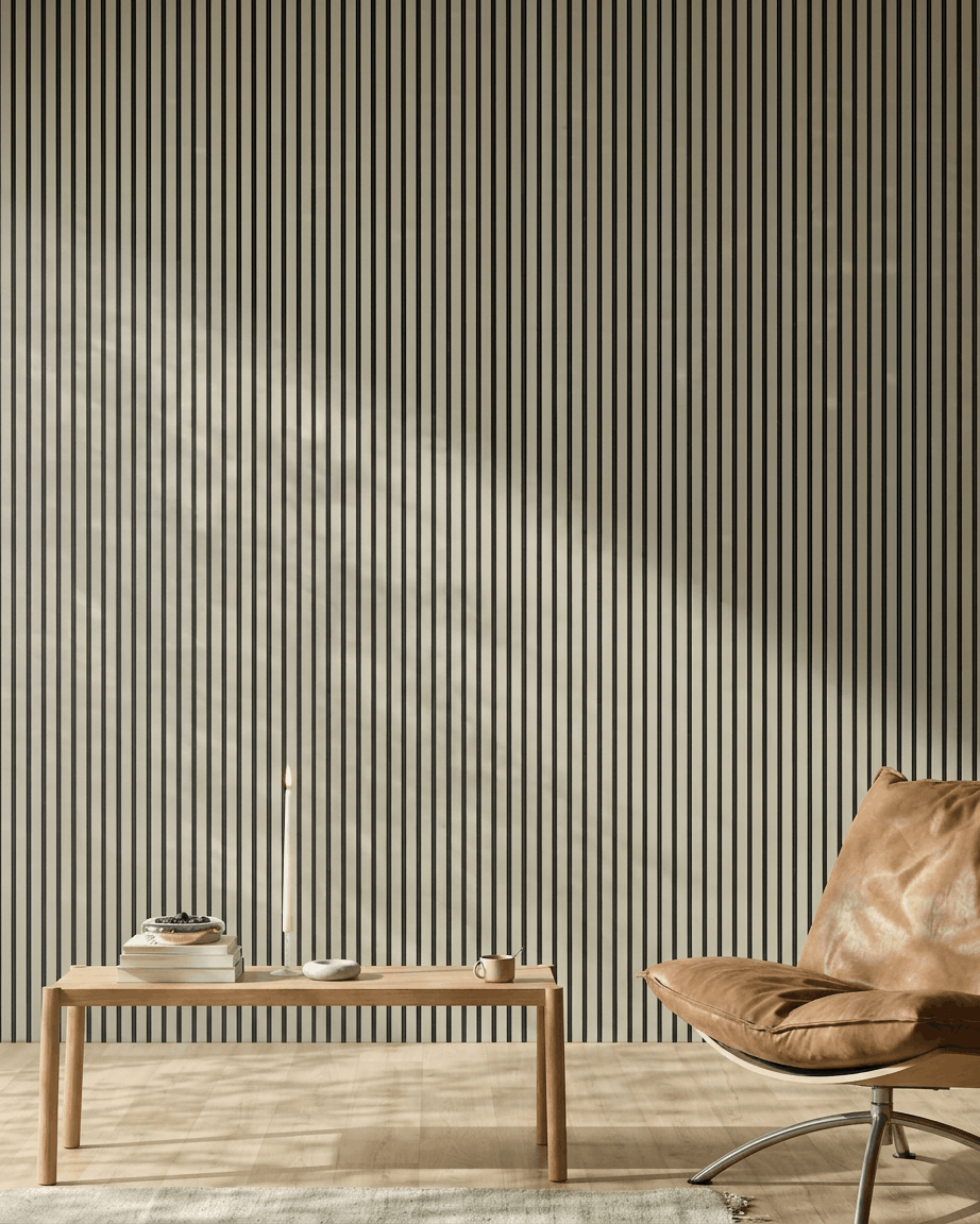 Minimalistischer Raum mit einem hellbraunen Ledersessel, einer Holzbank, Büchern, einer Kerze und WoodUpp Akupanel Stone/Black Felt Akustikpaneel (240 x 60 cm) an der Wand.