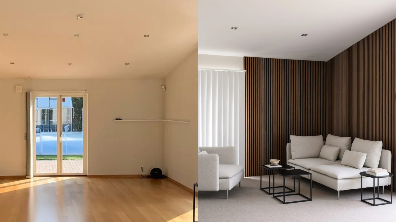 Geteilte Szene: Die linke Seite zeigt einen leeren Raum mit Holzboden und Glastüren; die rechte Seite zeigt ein Wohnzimmer mit Sofas und Akupanel-Akustik-Lamellenwand.