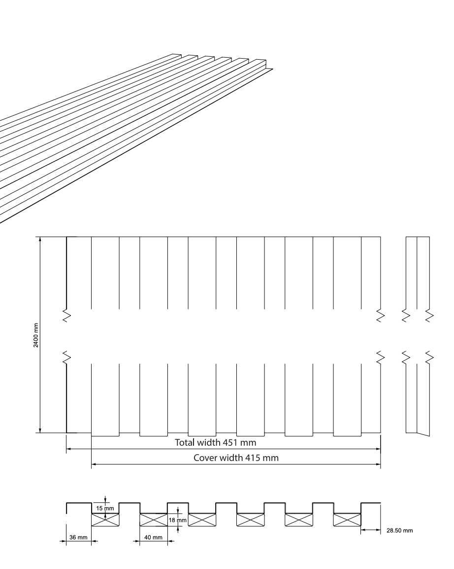 Technische Zeichnung einer gewellten Fassadenplatte mit einer Breite von 451 mm, einer Deckbreite von 415 mm, einer Höhe von 28,50 mm und einem detaillierten Querschnitt für die Montage.